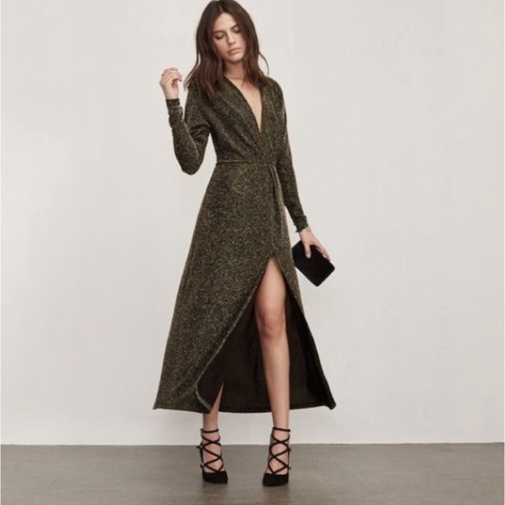 Reformation Orion Black Metallic Gold Sparkle Glitter Plunge Maxi Dress XS